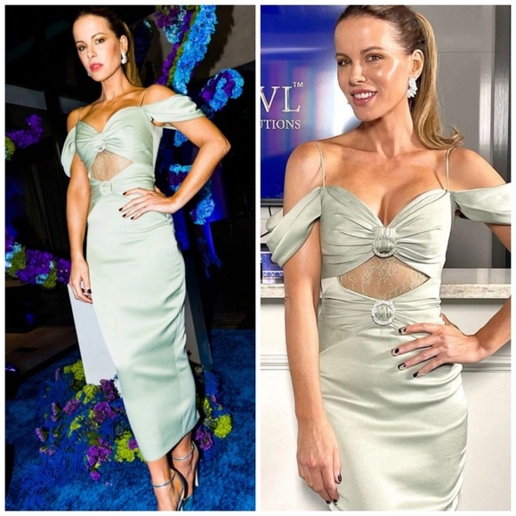 Rasario Cut Out Off the Shoulder Midi Dress Green Satin Cocktail Formal Evening - Picture 1 of 13